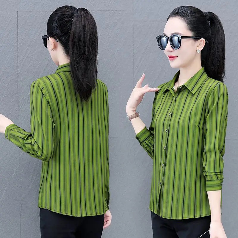 Stripe Long Sleeve Blouse Women Spring Autumn New Style Middle-aged Mother Versatile Fashion Shirt