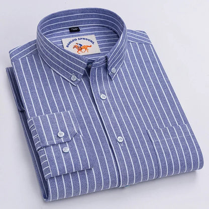 Casual Pure Cotton Oxford Mens Shirts Long Sleeve Embroidery Horse Design Regular Fit Fashion Button Man White Dress Shirt