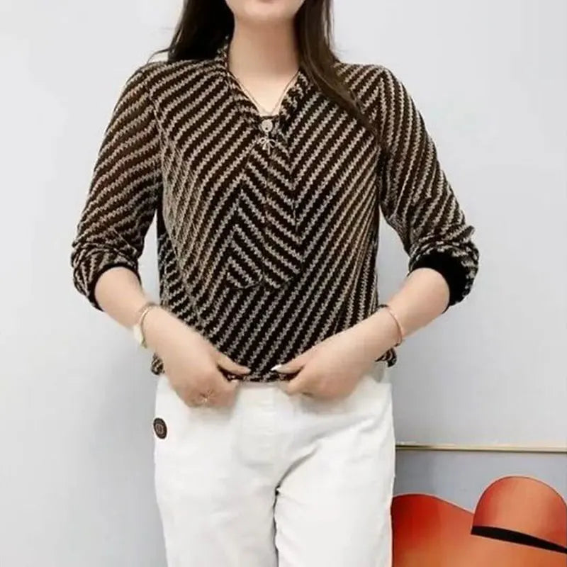 Commute Striped Spliced Silk Blouse - Long Sleeve V-Neck, Women's Fashion Top | New Zealand | Strylez Virtual Try-On