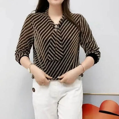 Commute Striped Spliced Blouse Fashion Bright Silk Spring Autumn New Long Sleeve Women's Clothing Elegant V-Neck Bandage Shirt