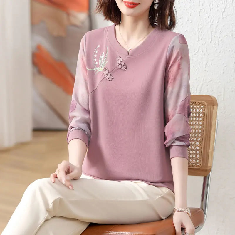 Women’s Floral Embroidery Blouse – Casual Printed O-Neck Top, Spring/Fall, Chinese Folk Buckle Shirt | NZ | Strylez Virtual Try-On