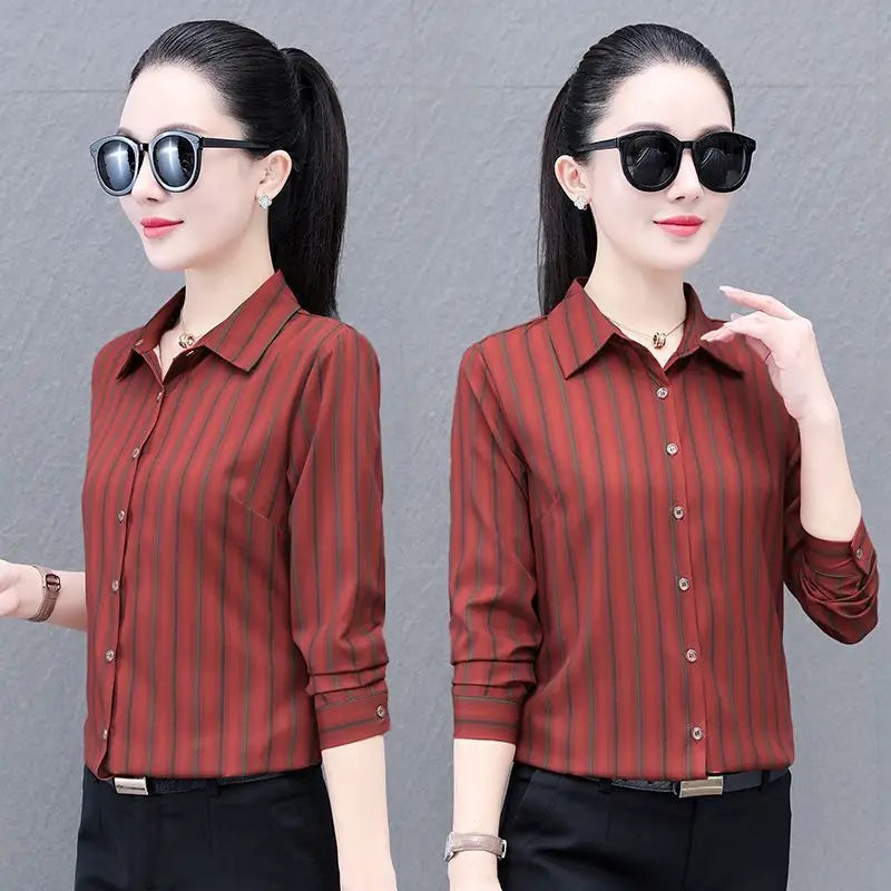 Stripe Long Sleeve Blouse Women Spring Autumn New Style Middle-aged Mother Versatile Fashion Shirt
