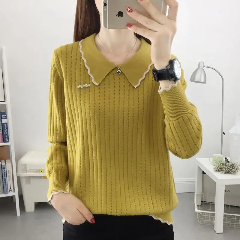 Fashion Peter Pan Collar Spliced All-match Knitted Blouse Women's Clothing 2022 Autumn New Loose Casual Pullovers Korean Shirt