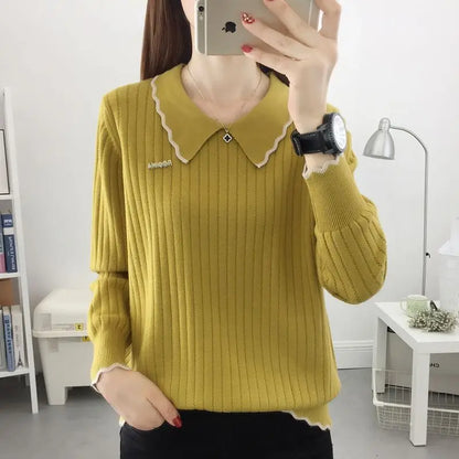 Fashion Peter Pan Collar Spliced All-match Knitted Blouse Women's Clothing 2022 Autumn New Loose Casual Pullovers Korean Shirt