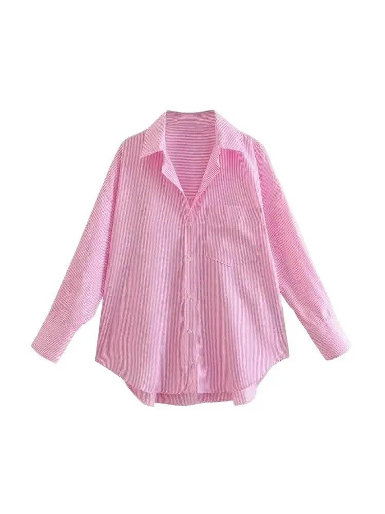 Striped Loose Shirts With Pocket for Women, Long Sleeve, Button-up Blouses, Chic Tops, Female Fashion
