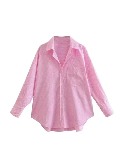 Striped Loose Shirts With Pocket for Women, Long Sleeve, Button-up Blouses, Chic Tops, Female Fashion