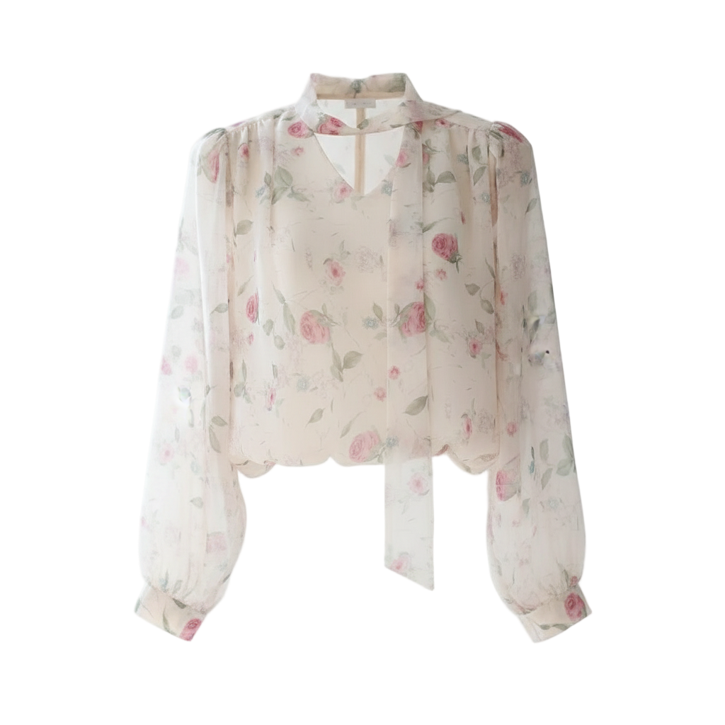 Women Pink Floral Blouse - Fall Trendy Bow Vintage Chic Puff Sleeve Stand Collar Lace-Up | NZ | Strylez Virtual Try-On