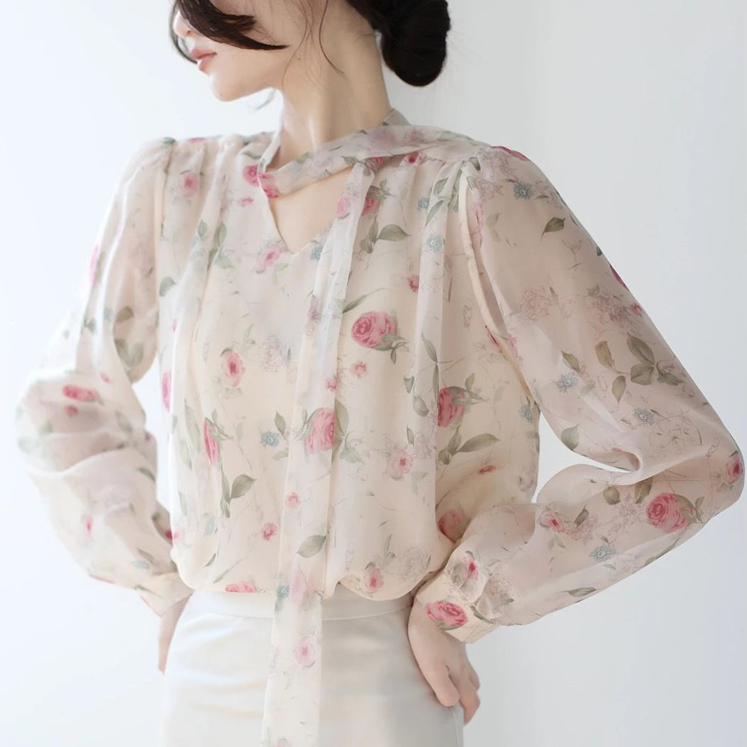 Blouse Women Pink Floral Tops Fall Newly Trendy Bow Vintage Gentle Sweet Casual French Puff Sleeve Ins Chic Stand Collar Lace-up