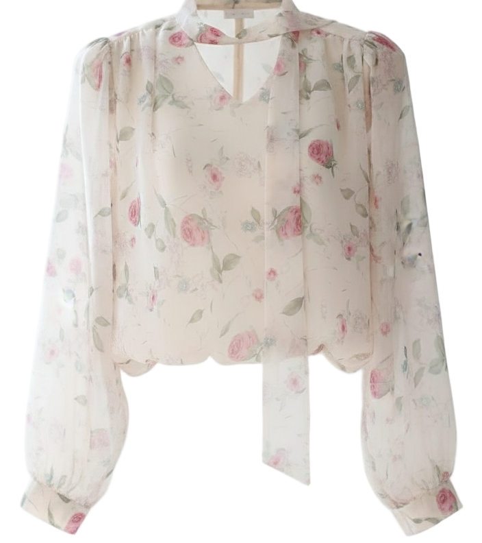 Women Pink Floral Blouse - Fall Trendy Bow Vintage Chic Puff Sleeve Stand Collar Lace-Up | NZ | Strylez Virtual Try-On