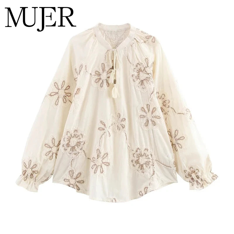 MUJER Flower Embroidered Women’s Blouse - Tassel Casual Shirt, Ruched Beach Boho Top | Summer Tops NZ | Strylez Virtual Try-On