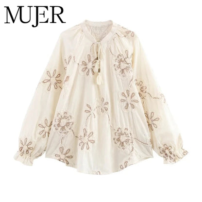 MUJER Flower Embroidered Blouses for Women Tassel Casual Shirts and Blouses Woman Ruched Beach Women's Blouse Summer Boho Tops