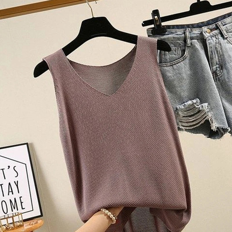 Women's Summer Sleeveless Knitted Blouse Top - V-Neck, 2024 Fashion | NZ Strylez Virtual Try-On, Blusas Mujer de Moda