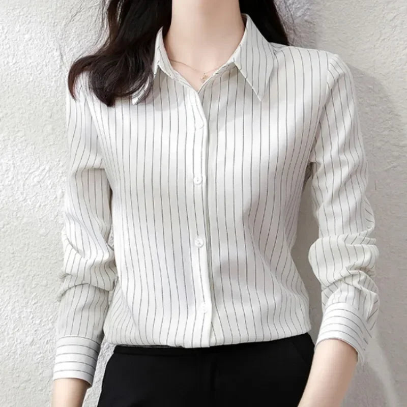 Striped Women Shirt - Korean Fashion Long Sleeve Blouse, Button Up Top OL Chiffon - New Zealand | Strylez Try-On