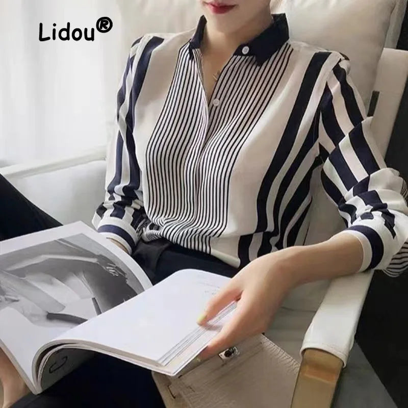 Striped Women’s Blouse – Long Sleeve, Polo Collar, Office/All‑Match Shirt, 2023, NZ | Strylez App Virtual Try-On