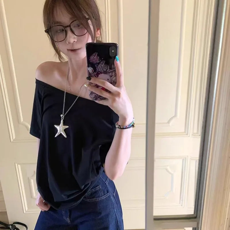 Women T-Shirts Off-Shoulder Short Sleeve Solid Summer Chic Loose Casual Tops - Korean Street Trend NZ | Strylez App Try-On