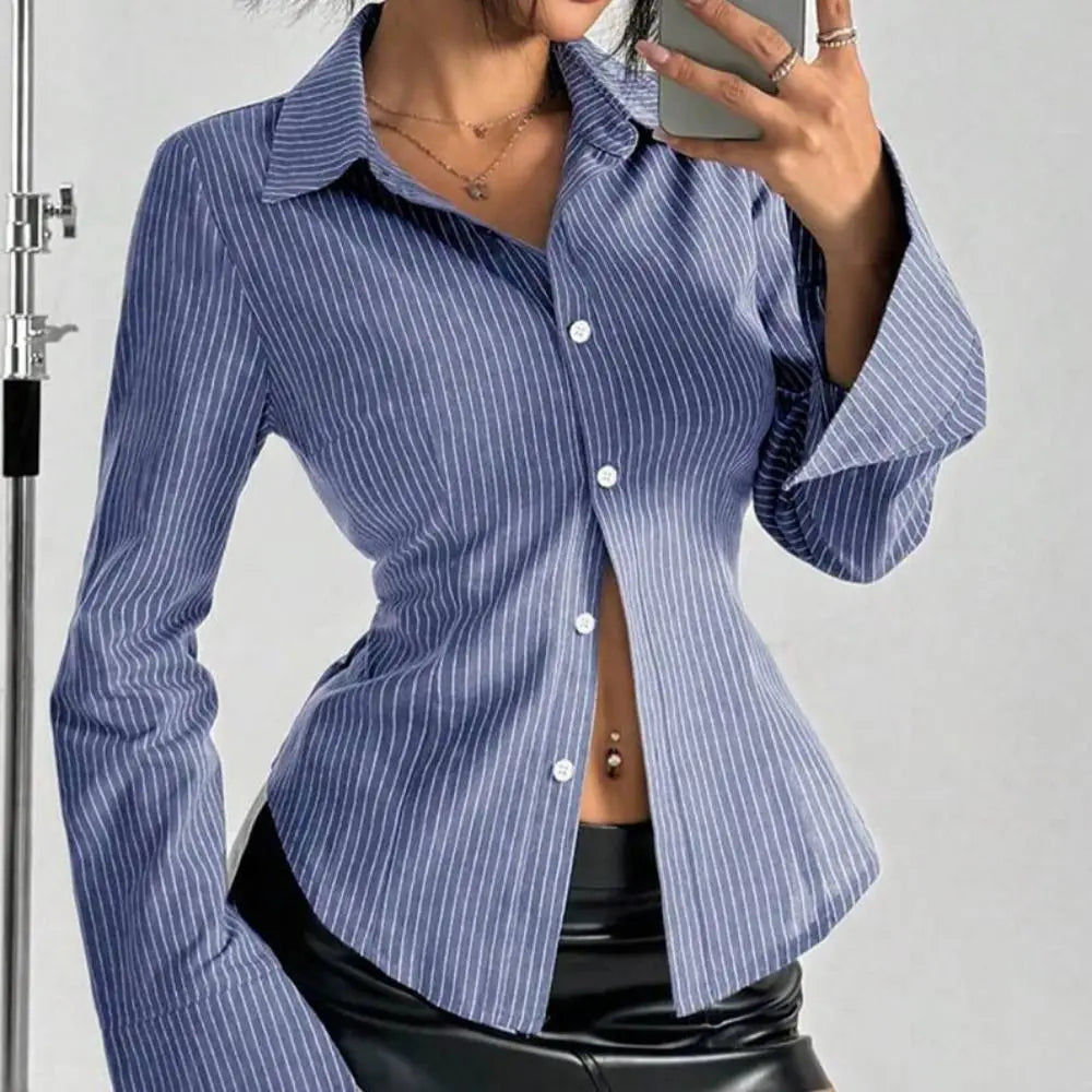 Classic Striped Long Sleeve Blouse - Patchwork Shirt for Women | Retro Chic Tops, New Zealand | Strylez Virtual Try-On