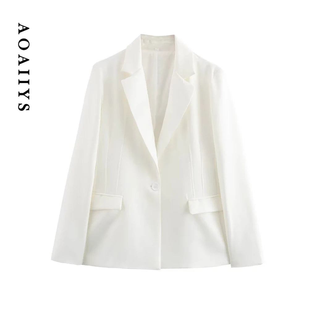 Try on Aoaiiys White Blazers for Women virtually! Elegant, single-button autumn-winter jackets with pockets—your new go-to fashion essential.