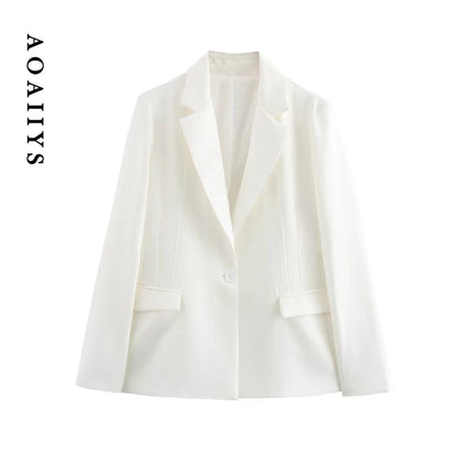 Try on Aoaiiys White Blazers for Women virtually! Elegant, single-button autumn-winter jackets with pockets—your new go-to fashion essential.