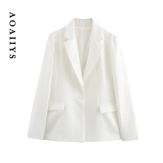 Try on Aoaiiys White Blazers for Women virtually! Elegant, single-button autumn-winter jackets with pockets—your new go-to fashion essential.