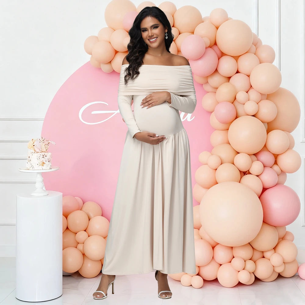 Maternity Elegant Photoshoot Dresses off Shoulder Long Sleeves Solid Pregnant Pleated Dress for Baby Shower