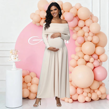 Maternity Elegant Photoshoot Dresses off Shoulder Long Sleeves Solid Pregnant Pleated Dress for Baby Shower