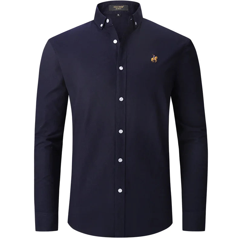 New Pure Cotton Oxford Embroidered Horse Casual Without Pocket Solid Shirt Men's Long Sleeve Dress Shirts Men Business Slim Fit