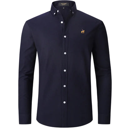 New Pure Cotton Oxford Embroidered Horse Casual Without Pocket Solid Shirt Men's Long Sleeve Dress Shirts Men Business Slim Fit