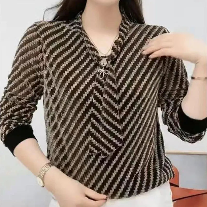 Commute Striped Spliced Silk Blouse - Long Sleeve V-Neck, Women's Fashion Top | New Zealand | Strylez Virtual Try-On