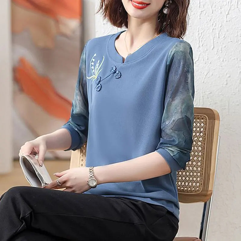 Fashion Flowers Embroidery Blouse Casual Printed Spliced Female Clothing O-Neck Spring Autumn Folk Chinese Disc Buckle Shirt New