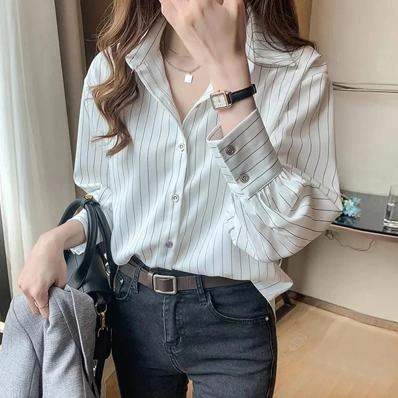 Striped Shirt Women Summer Vintage Chic Loose Long Sleeve Top - Y2K Office Casual Blouse | New Zealand | Strylez Virtual Try-On
