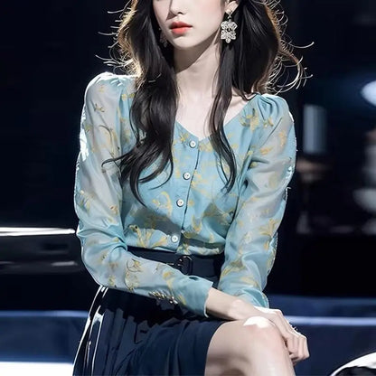 French Blue Printed Chiffon Blouse for Women Elegant and Beautiful New Autumn Long-sleeved Shirt with a Sense of Grade