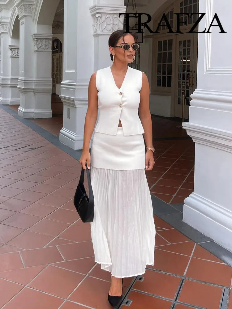 TRAFZA Women’s Chic 2-Piece V-Neck Vest & High-Waist Zipper Skirt Set