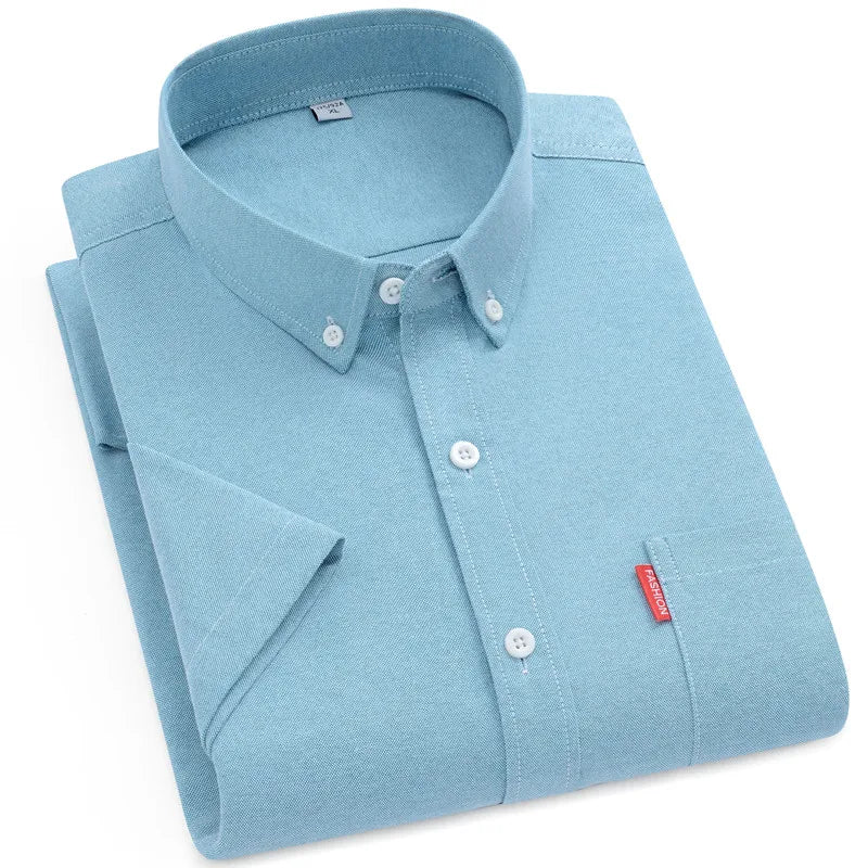 2025 New Men's Oxford Shirts Luxury Short Sleeve Summer Casual 100% Cotton High Quality Solid Color Business Social Yellow Tops