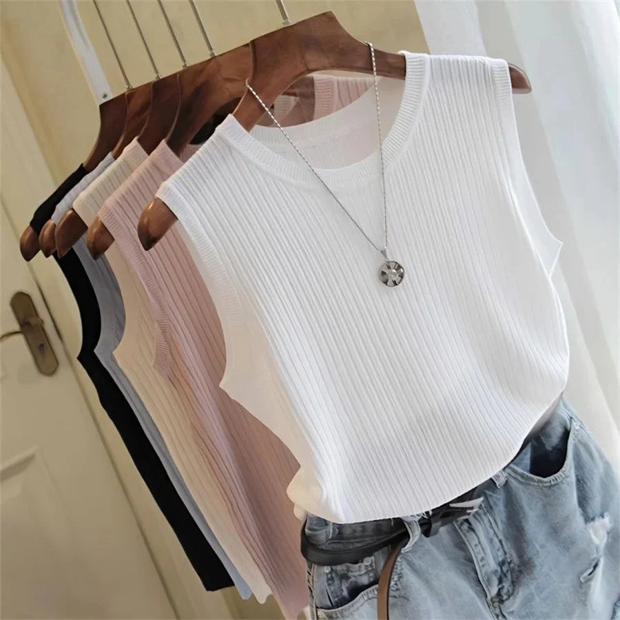Summer Sleeveless O-Neck Knitted Top for Women - Sleeveless Blouse, Knit Shirt, Women's Tops NZ | Strylez Virtual Try-On