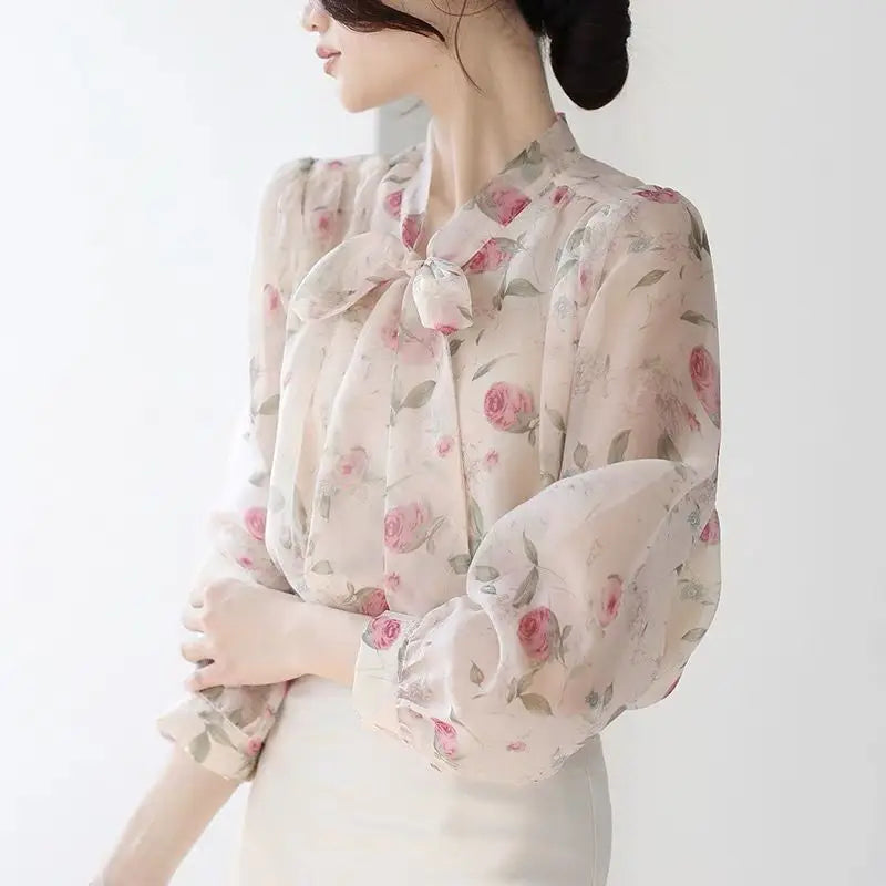 Blouse Women Pink Floral Tops Fall Newly Trendy Bow Vintage Gentle Sweet Casual French Puff Sleeve Ins Chic Stand Collar Lace-up