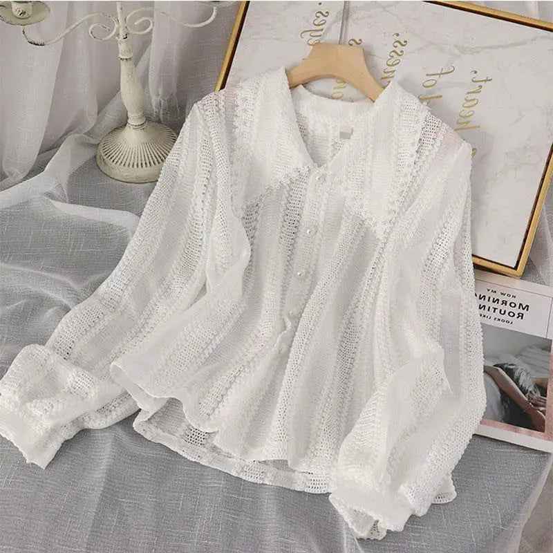 Women Peter Pan Collar Hollow-Out Shirt - Solid Elegant Top, French Style, New Zealand, Strylez Virtual Try-On