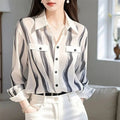 Women's Minimalist Striped Blouse - Elegant Chic Lapel Office Shirt, Long Sleeve | NZ Business Casual Top | Strylez Virtual Try-On