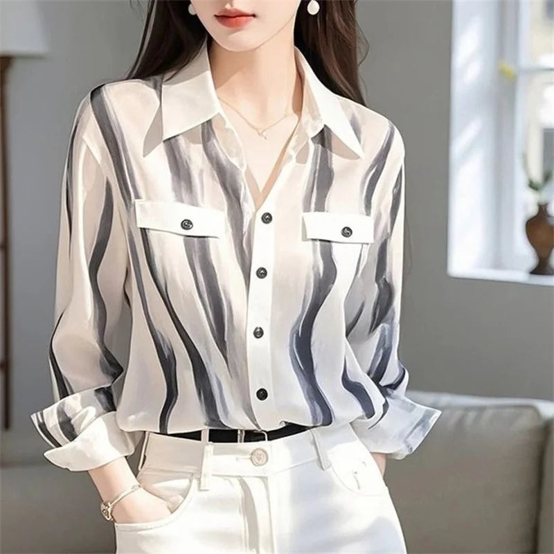 Women's Minimalist Style Striped Print Elegant Chic Blouse Office Lady Lapel Business Casual Shirt Spring Long Sleeve Slim Tops
