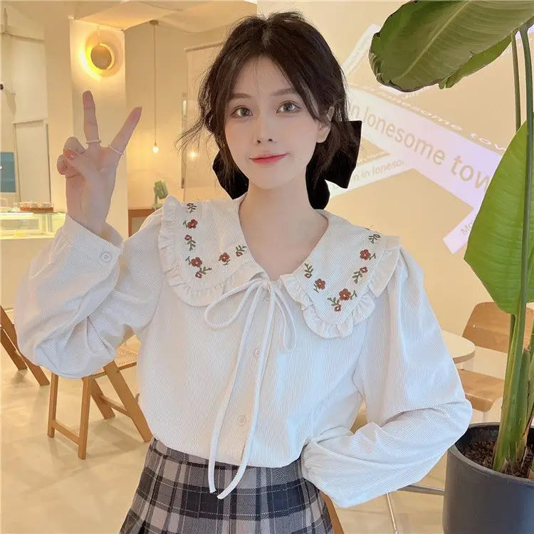 Peter Pan Collar Shirts Women Sweet Embroidery Japanese Style Loose Vintage Lace-up Fashion Age-reducing Tender All-match Girls