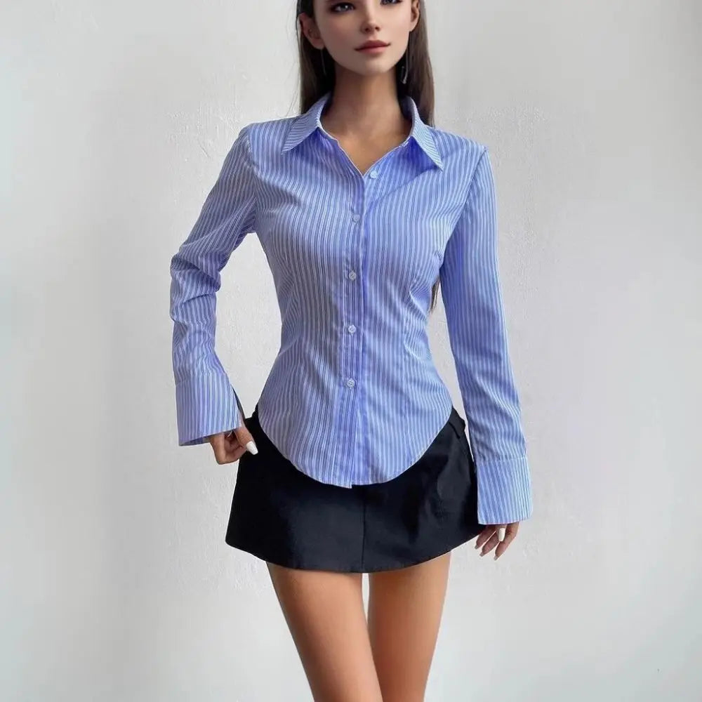 Casual Classic Striped Long Sleeved Blouse Single-breasted V-neck Stripe Shirts for Women Simple Thin Retro Chic Tops Women