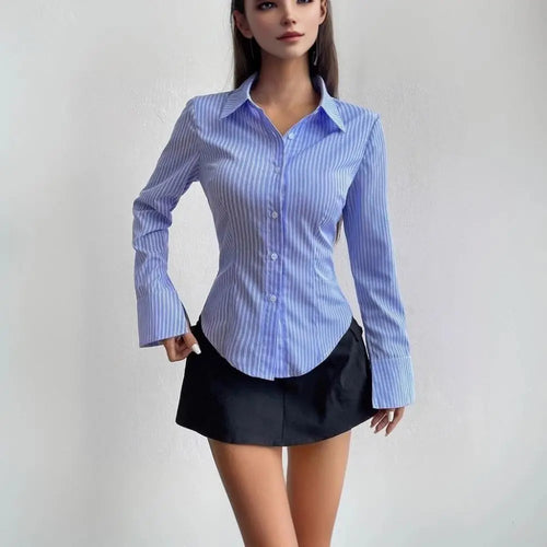 Casual Classic Striped Long-Sleeve Blouse, Single-Breasted V-Neck Shirt for Women | New Zealand | Strylez Virtual Try-On