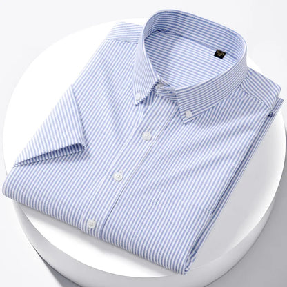 Luxury Men's Oxford Shirt 100% Cotton Short Sleeve Causal Stripe Solid Summer Basic Business Formal Social White Slim Fit Blouse
