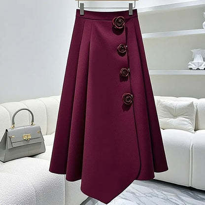 Elegant 2024 Red A-line High Waist Skirt – Playful Korean Autumn Style