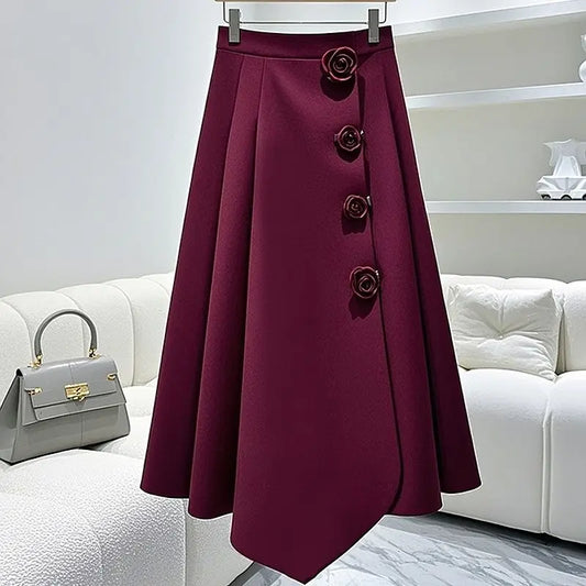 Elegant 2024 Red A-line High Waist Skirt – Playful Korean Autumn Style