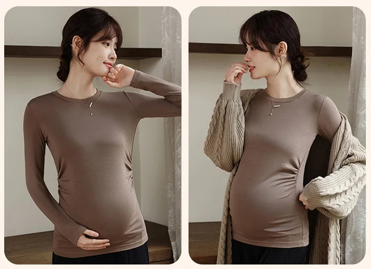 Maternity Spring Fall Round Neck Long-Sleeved Slim Thin Section Bottoming Shirt Pregnant Women's Solid Elastic Soft Homewear