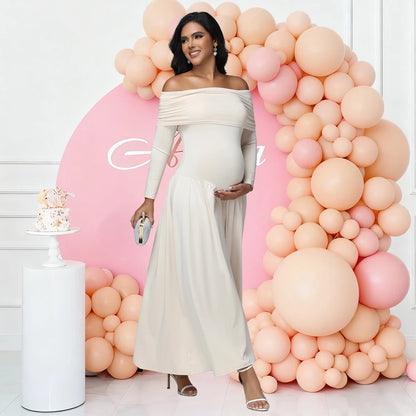 Maternity Elegant Photoshoot Dresses off Shoulder Long Sleeves Solid Pregnant Pleated Dress for Baby Shower