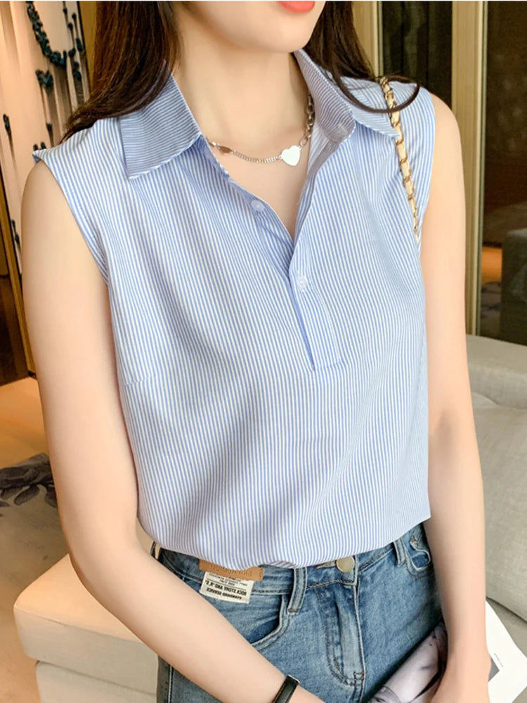 Women Summer Sleeveless Blouse Casual Striped Top | Office OL Blouse | Ladies Basic Tops NZ | Strylez Virtual Try-On