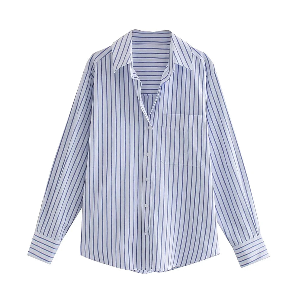 Women's Striped Loose Shirt with Pocket - Long Sleeve Button-Up Blouse, Chic Top | New Zealand | Strylez Virtual Try-On