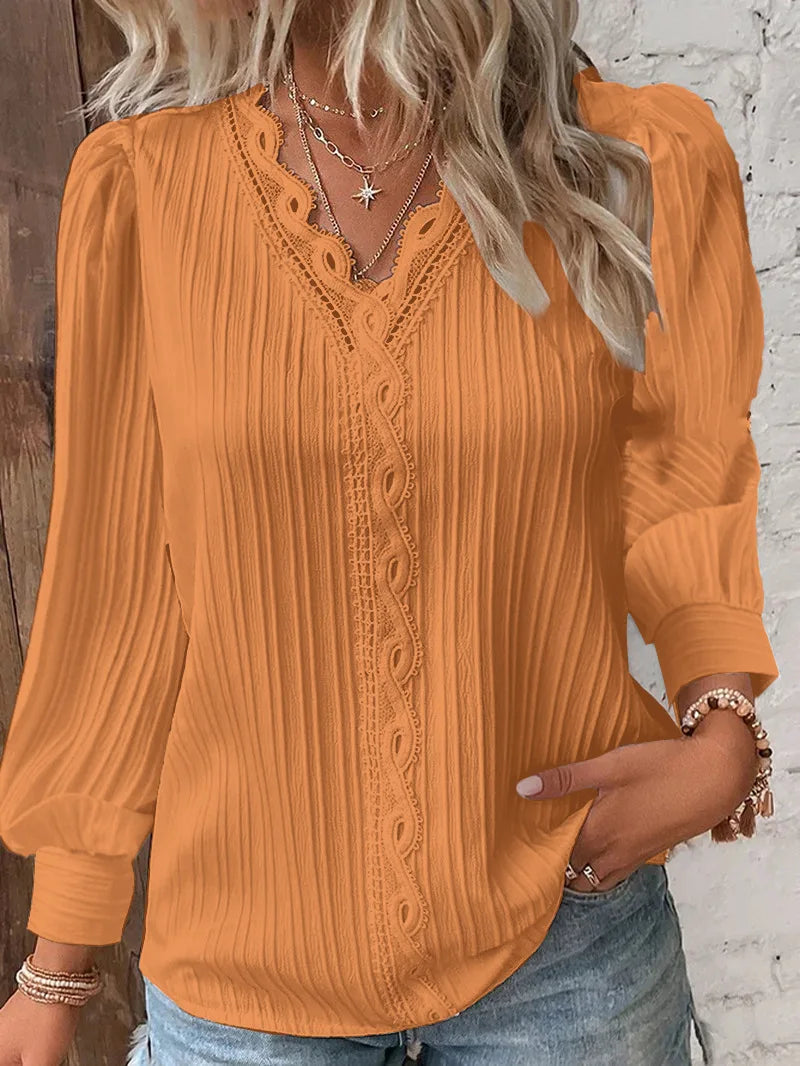Elegant Summer Hollow Lace Patchwork Women’s Shirt – V-Neck Long Sleeve Blouse, Casual Lace Top New Zealand | Strylez Virtual Try-On