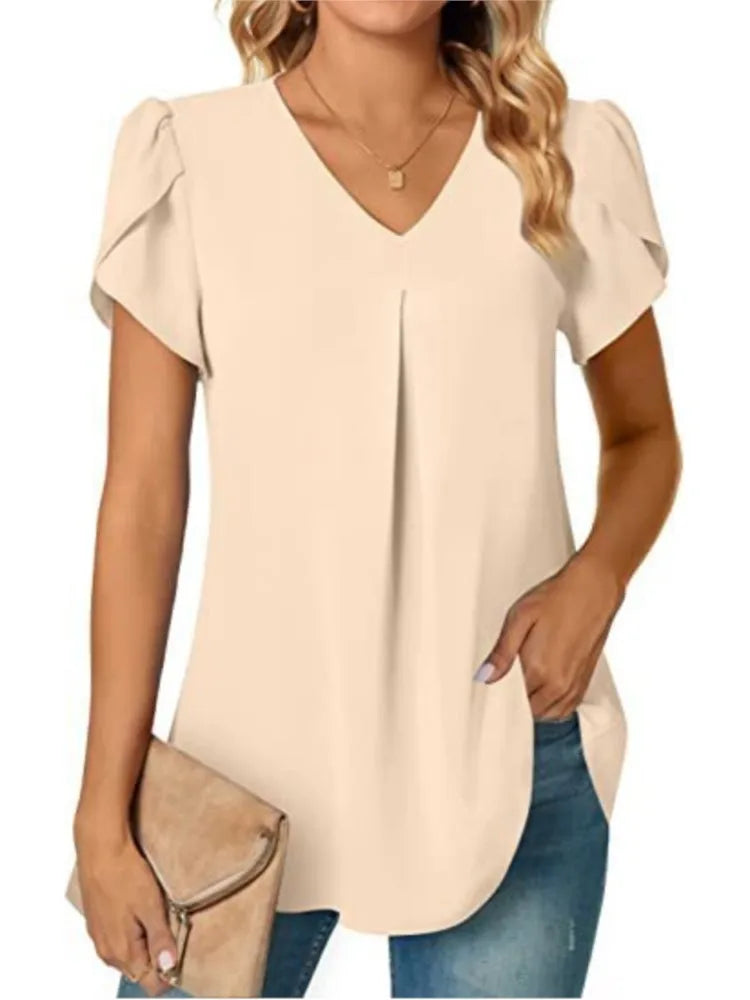 Elegant Women's Top Blouse 2024 Summer Flower – Short Sleeve V-Neck Office/Work, Commuter Shirt S-XXL | NZ | Strylez Virtual Try-On